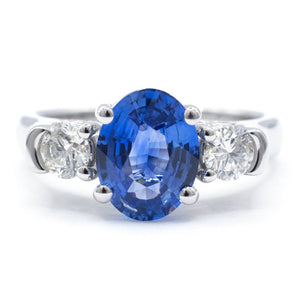 Oval Blue Sapphire and Diamond Three Stone Ring 14K White Gold