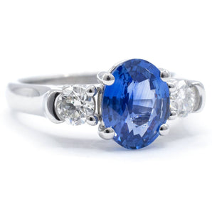 Oval Blue Sapphire and Diamond Three Stone Ring 14K White Gold