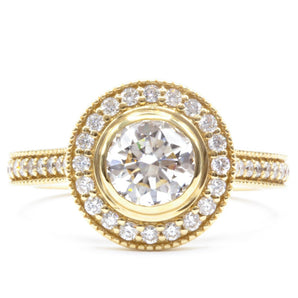 1.15 CT Round Diamond Bezel Halo Engagement Ring 18K Yellow Gold