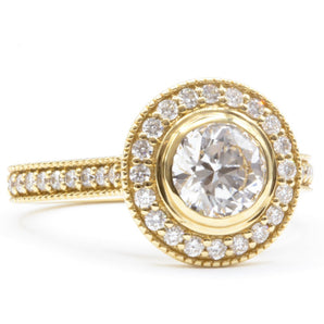 1.15 CT Round Diamond Bezel Halo Engagement Ring 18K Yellow Gold