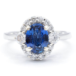 Oval Sapphire and Diamond Halo Ring 14K White Gold