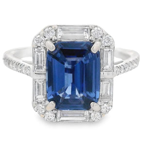 2.20 CT Emerald Cut Sapphire and Diamond Halo Ring 18K White Gold