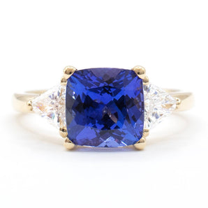 Cushion Tanzanite and Trillion Diamond Three Stone Ring 14K Yellow Gold