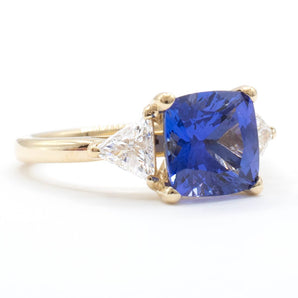 Cushion Tanzanite and Trillion Diamond Three Stone Ring 14K Yellow Gold