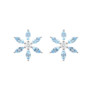 Aquamarine and Diamond Large Flower Stud Earrings 14K White Gold