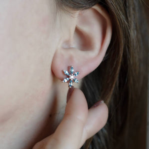 Aquamarine and Diamond Large Flower Stud Earrings 14K White Gold