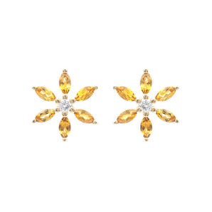 Citrine and Diamond Large Flower Stud Earrings 14K Yellow Gold