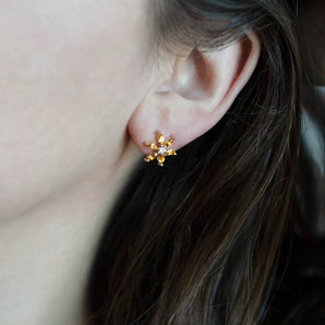 Citrine and Diamond Large Flower Stud Earrings 14K Yellow Gold