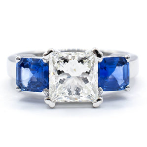 Princess Diamond and Asscher Sapphires Three Stone Engagement Ring PT