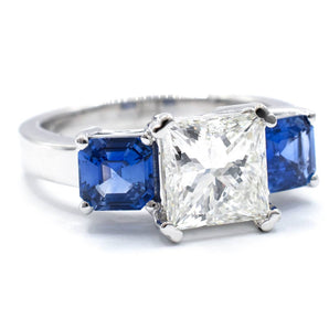 Princess Diamond and Asscher Sapphires Three Stone Engagement Ring PT
