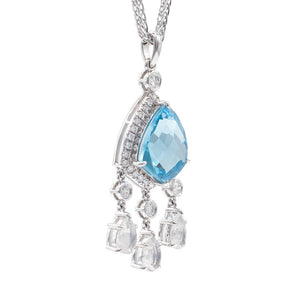 Sky Blue Topaz Pendant with Diamond Halo & Moonstone Drops 14K White Gold