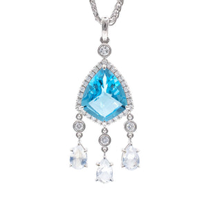 Sky Blue Topaz Pendant with Diamond Halo & Moonstone Drops 14K White Gold