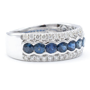 Round Sapphire and Diamond 3 Row Ring 14K White Gold