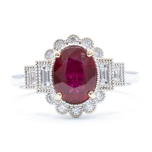 Ruby and Diamond Art Deco Ring 18K White Gold