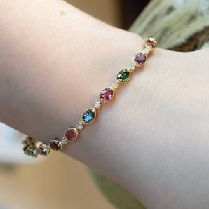 Multicolored Tourmaline and Diamond Link Bracelet 14K Yellow Gold