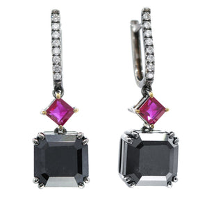 Black Diamond, Ruby and Diamond Dangle Earrings 14K White Gold