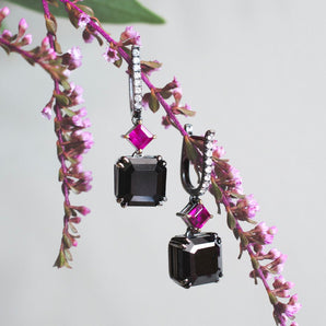 Black Diamond, Ruby and Diamond Dangle Earrings 14K White Gold