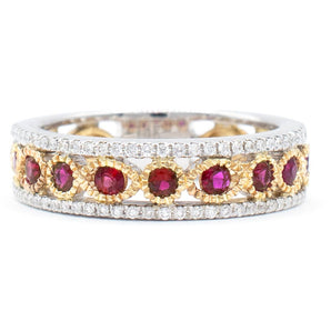 Ruby and Diamond Patterned Ring 14K White and Yellow Gold
