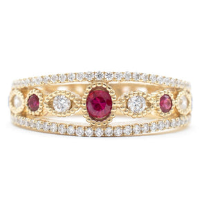 Ruby and Diamond Patterned Ring 14K Yellow Gold