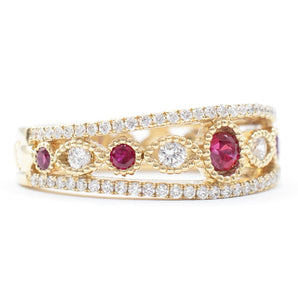 Ruby and Diamond Patterned Ring 14K Yellow Gold