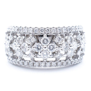 Wide Diamond Flower Patterned Band 18K White Gold