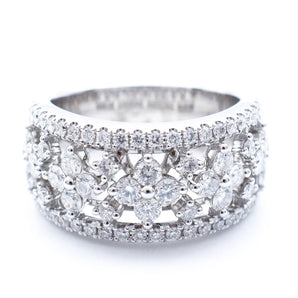 Wide Diamond Flower Patterned Band 18K White Gold