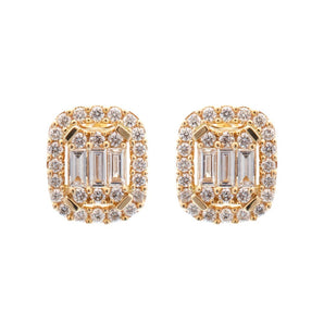 Baguette and Round Diamond Cluster Stud Earrings 14K Yellow Gold