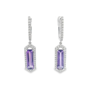 Baguette Cut Amethyst & Diamond Earrings 14K White Gold