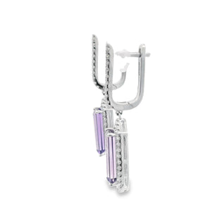 Baguette Cut Amethyst & Diamond Earrings 14K White Gold