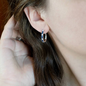 Square Sapphire and Round Diamond Hinged Hoops 18K White Gold
