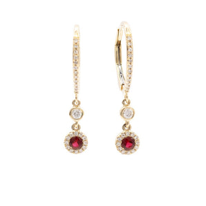 Ruby and Diamond Halo Drop Earrings 14K Yellow Gold