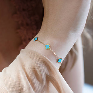 Turquoise Clover Station Bracelet 14K Yellow Gold