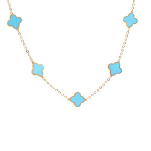 Turquoise Clover Station Necklace 14K Yellow Gold