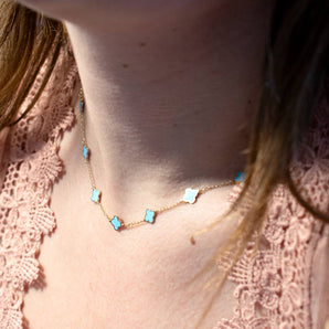 Turquoise Clover Station Necklace 14K Yellow Gold