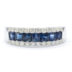 Square Sapphire and Round Diamond 3-Row Ring 14K White Gold