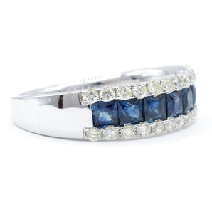 Square Sapphire and Round Diamond 3-Row Ring 14K White Gold