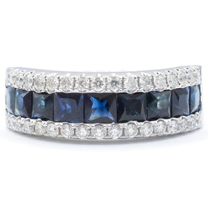 Square Sapphire and Round Diamond 3-Row Ring 14K White Gold