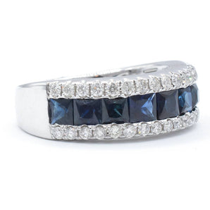 Square Sapphire and Round Diamond 3-Row Ring 14K White Gold