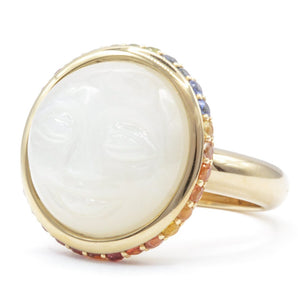 'Man In The Moonstone' and Rainbow Sapphire Ring 14K Yellow Gold