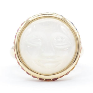 'Man In The Moonstone' and Rainbow Sapphire Ring 14K Yellow Gold