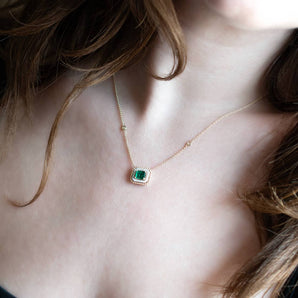 Emerald and Diamond Halo Pendant 14K Yellow Gold & Platinum