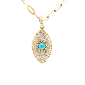 Turquoise and Diamond Pave Eye Pendant 14K Yellow Gold