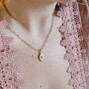 Turquoise and Diamond Pave Eye Pendant 14K Yellow Gold