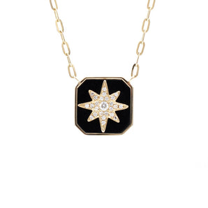Diamond and Black Agate Starburst Pendant 14K Yellow Gold