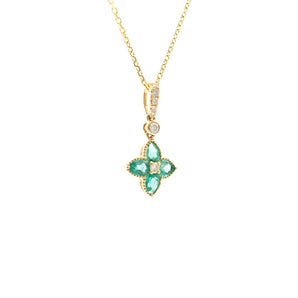 Emerald and Diamond Flower Pendant 18K Yellow Gold