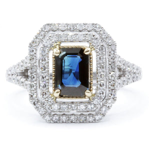 1.05 CT Emerald Shape Sapphire and Diamonds Ring Platinum