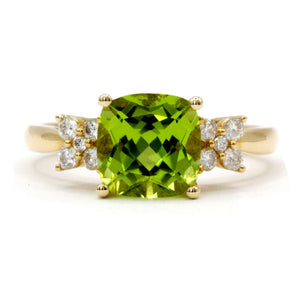 2.41 CT Cushion Shape Peridot and Diamond Ring 14K Yellow Gold