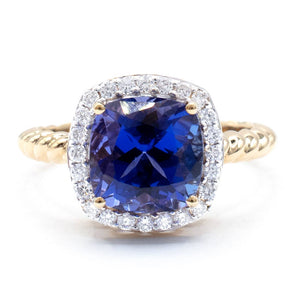3.20 Carat Cushion Tanzanite and Diamond Halo Ring 14K Yellow Gold
