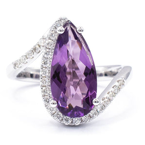3.30 Carat Pear Amethyst and Diamond Ring 14K White Gold