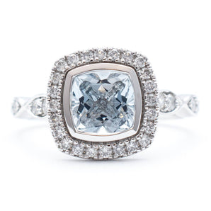 Cushion Aquamarine and Diamond Halo Ring 14K White Gold